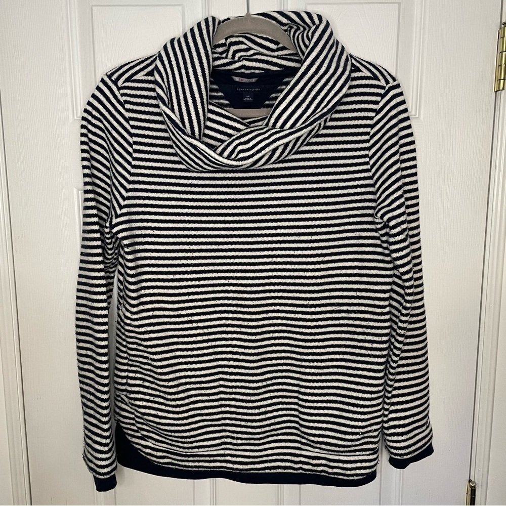 Tommy Hilfiger Striped Navy and White Long Sleeve Pullover Cotton Turtleneck S